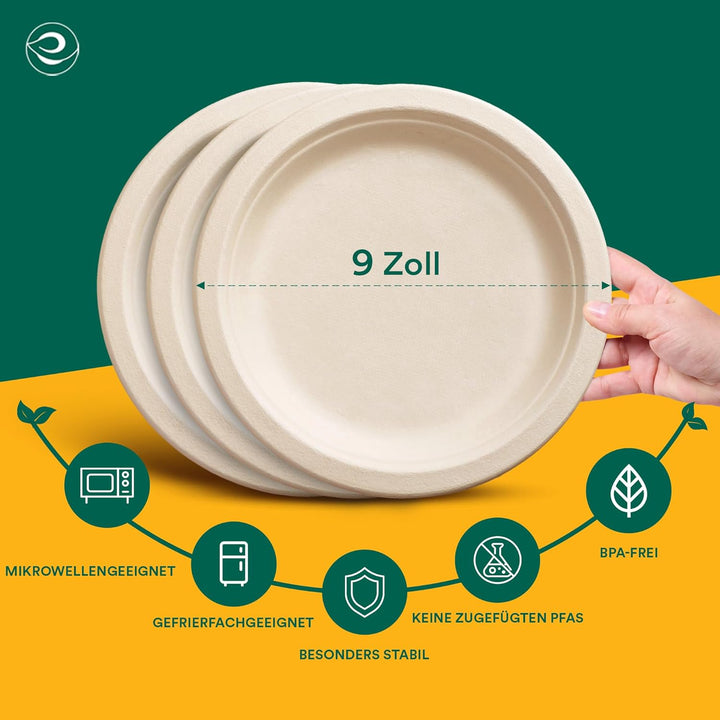 ECO SOUL 23 Cm (9 Zoll) Runde Einwegteller [50 Stück] | 100?% Kompostierbare Bagasse Teller aus Zuck