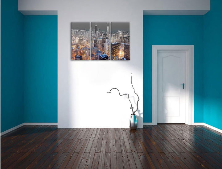 Pixxprint Luftaufnahme Chicago / 3-Teilig/Gesamtmass 120cm Leinwandbild bespannt auf Holzrahmen/Wand