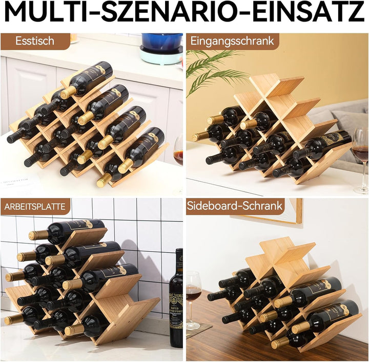 KIRIGEN hölzernes 13-Flaschen-Weinregal, 4-stufiges Holz-Wein-Displayregal, Stand- und Theken-Weinau