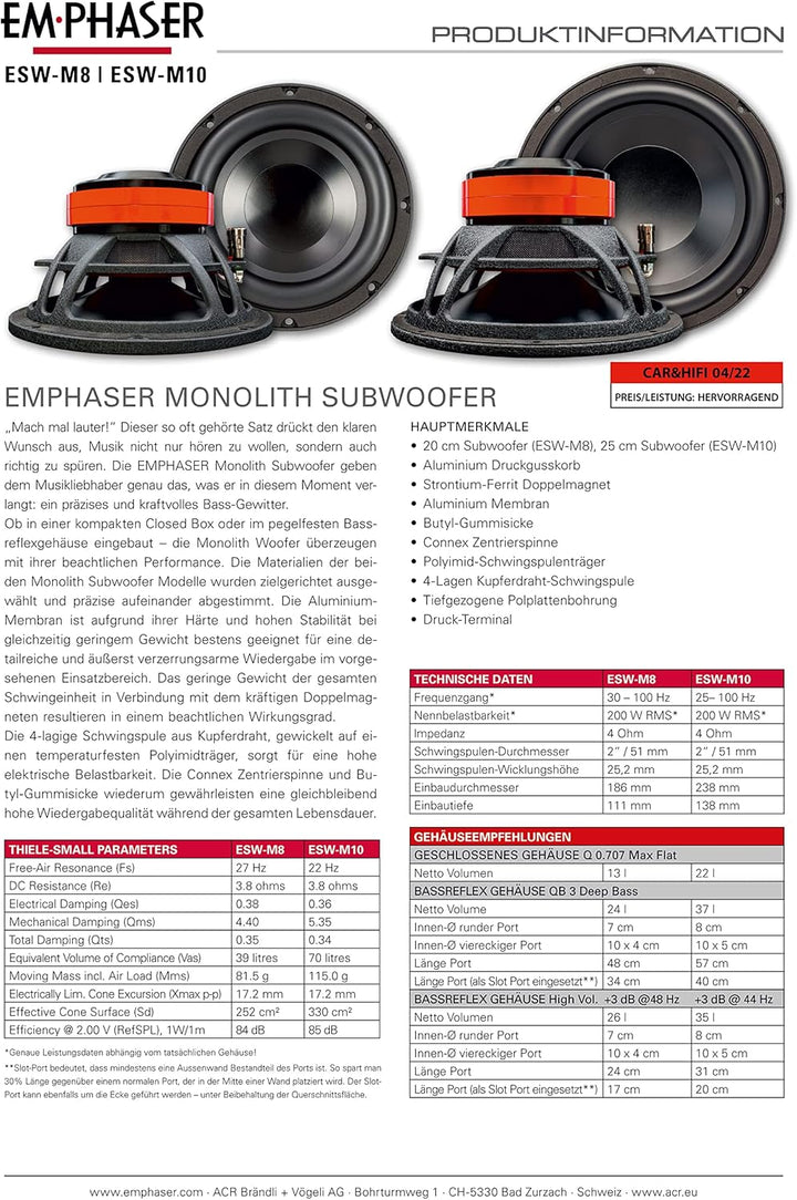EMPHASER ESW-M10: Bass Lautsprecher 25 cm mit 200 Watt RMS, leistungsstarker 10 Zoll Subwoofer für A