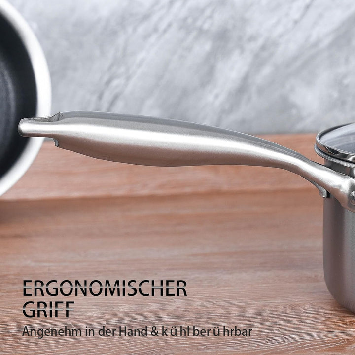LOLYKITCH Edelstahl Kochtopf 16+18cm mit Deckel, Antihaft Stielkasserolle, Topfset, Kochtopf Indukti