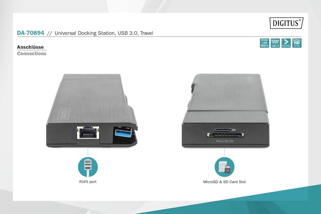 DIGITUS Universal Docking Station, USB 3.0, 7-Port, Travel 2X Video, 2X USB 3.0, RJ45, 2X Kartenlese