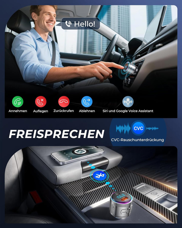 LENCENT Bluetooth FM Transmitter, Bluetooth 5,3 KFZ Auto Radio Bluetooth Adapter, Autoladegerät Ziga