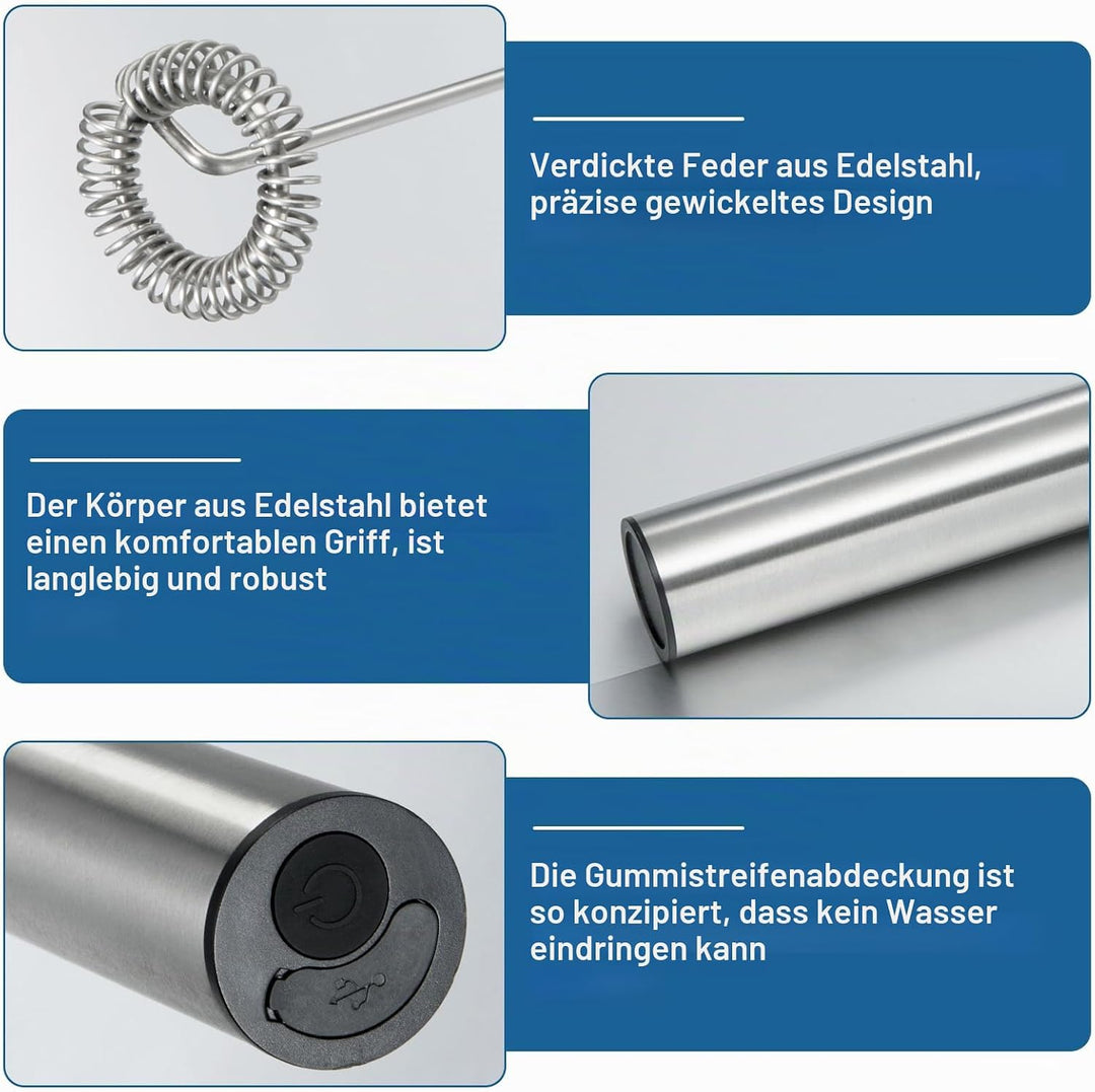 Milchaufschäumer Elektrisch, Edelstahl USB Wiederaufladbar mit 2 Geschwindigkeiten, Tragbarer Schaum