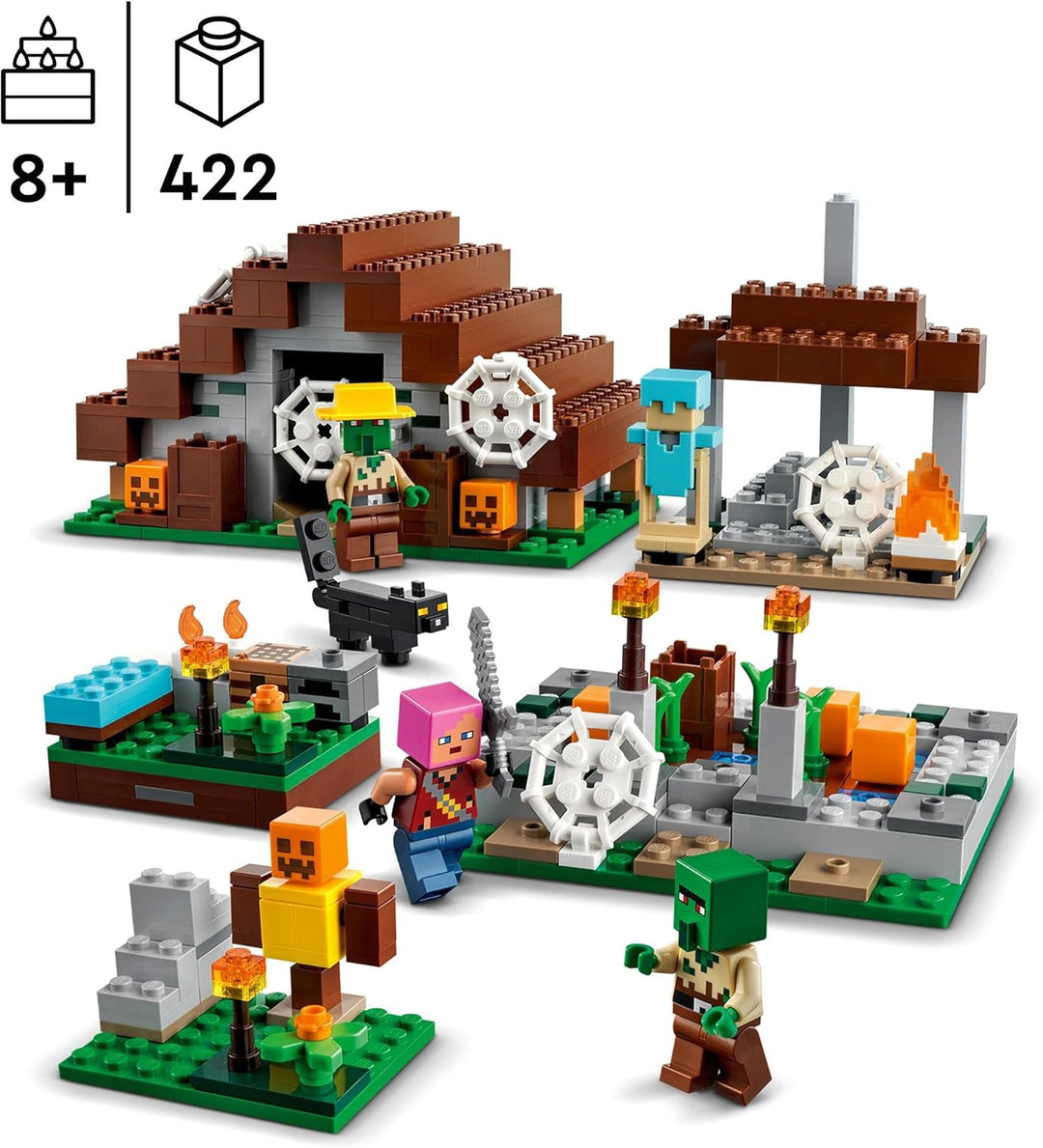 LEGO 21190 Minecraft Das verlassene Dorf, Spielzeug mit Zombiejäger Lager, Werkstatt, Farm und Haus