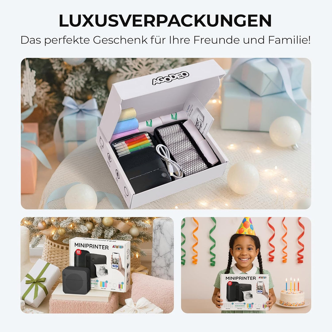AgoDeo Mini Drucker Geschenkset - 300 DPI HD Qualität - Sofort PrintPod - Fotodrucker für Smartphone