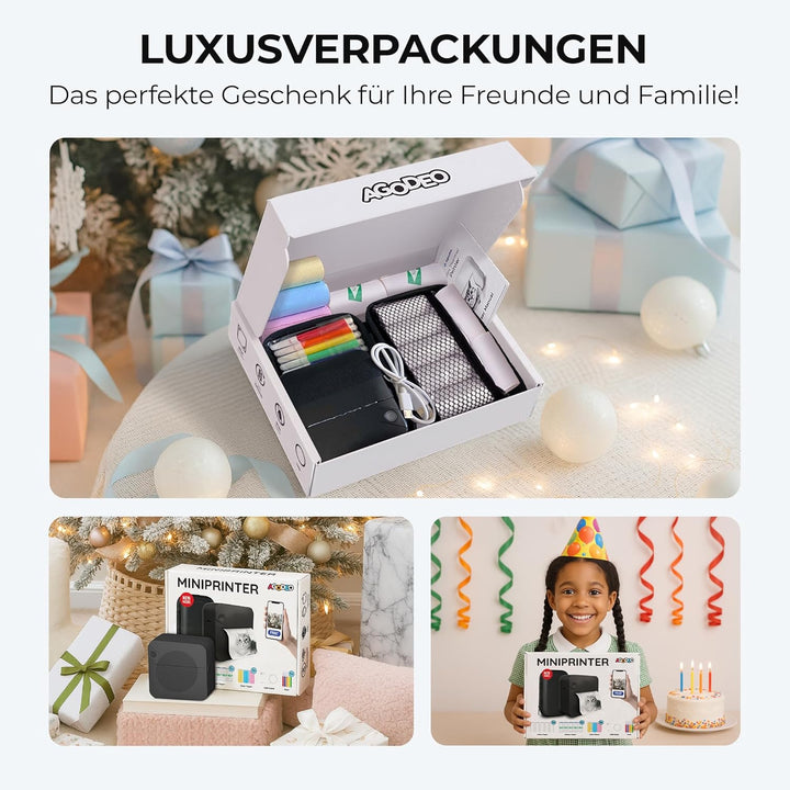 AgoDeo Mini Drucker Geschenkset - 300 DPI HD Qualität - Sofort PrintPod - Fotodrucker für Smartphone