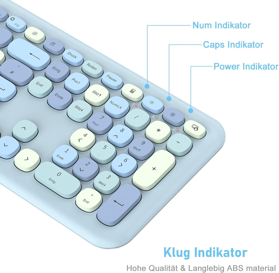 PINKCAT Tastatur Maus Set kabellos farbig, 2.4G Bunte Funktastatur mit Maus Retro Tastatur Cute Wire
