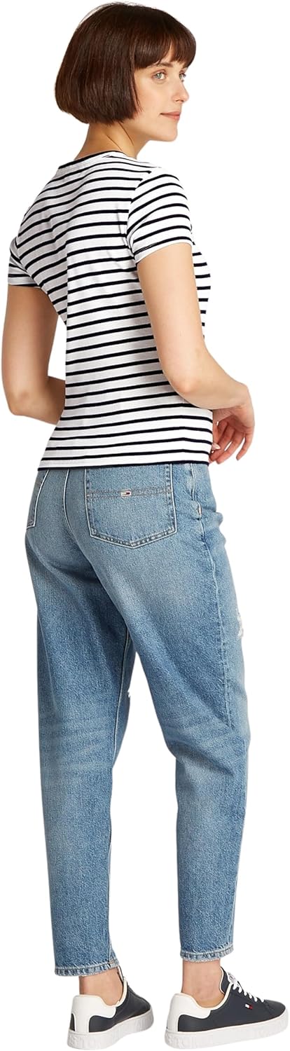 Tommy Jeans Damen T-Shirt Kurzarm Essential Rib Slim Fit XXS Blue (Dark Night Navy / Stripe), XXS Bl
