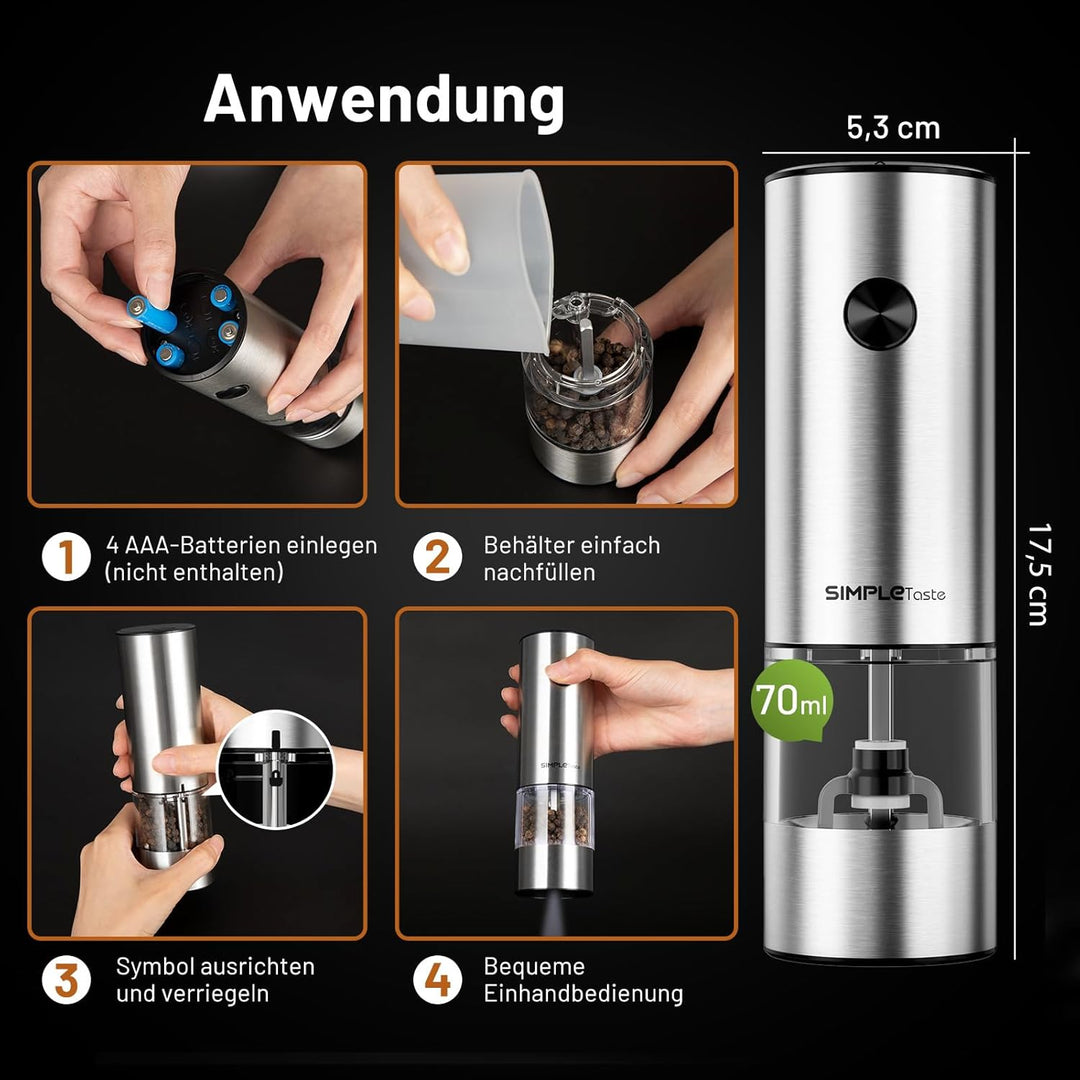 SIMPLETASTE Elektrische Pfeffermühle Salzmühle, mit Verstellbarem Keramikmahlwerk 2er Set Gewürzmühl