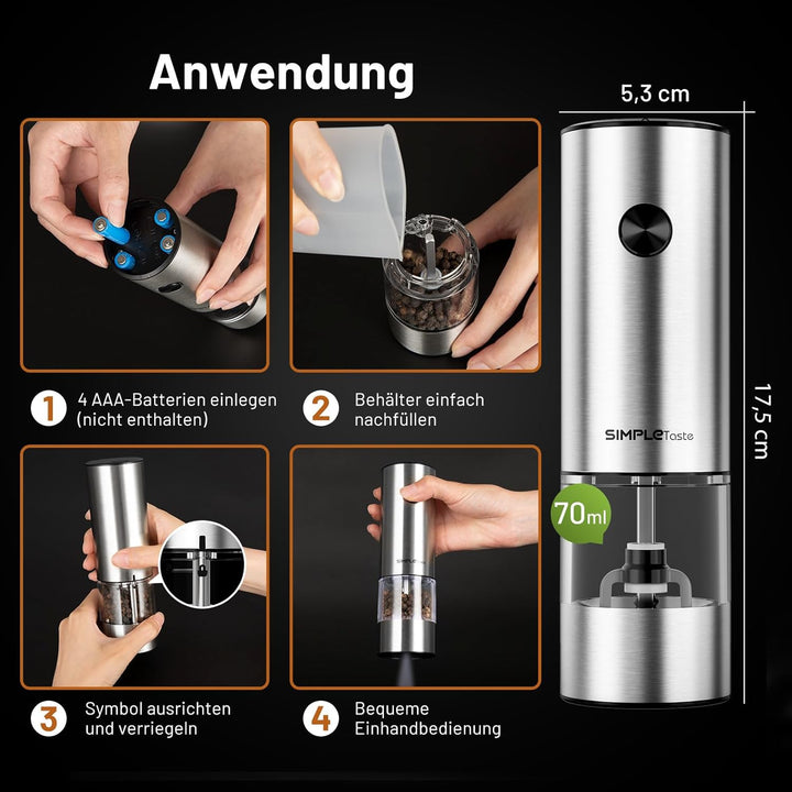 SIMPLETASTE Elektrische Pfeffermühle Salzmühle, mit Verstellbarem Keramikmahlwerk 2er Set Gewürzmühl