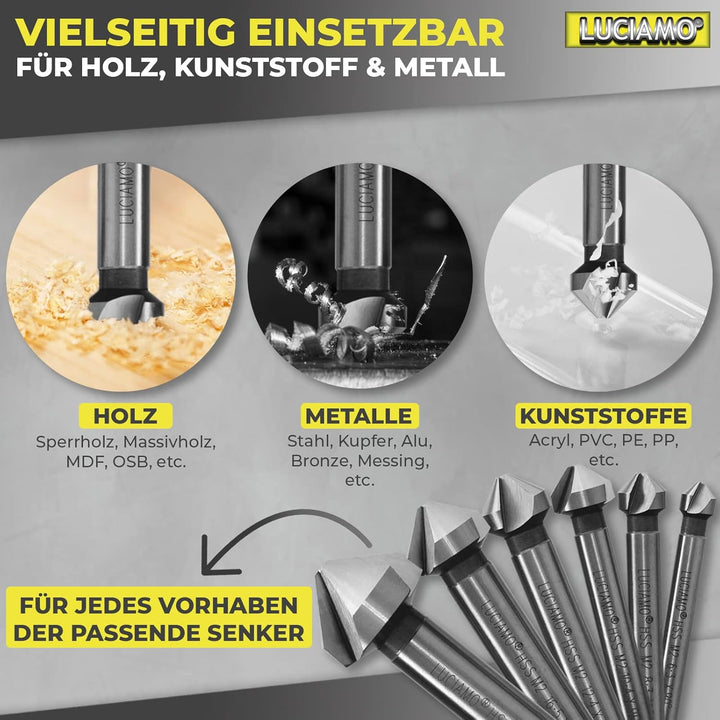 6 Stück 90° Profi Senker Set HSS M2 (6542) - für Holz, Metall und Kunststoff - ein Muss für jeden We