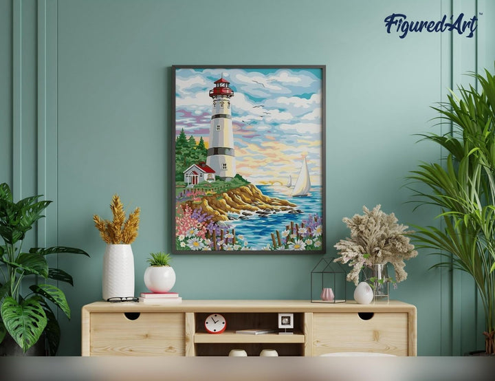 Figured'Art Malen Nach Zahlen Erwachsene Mit Rahmen Leuchtturm unter bewölktem Himmel - Paint by Num