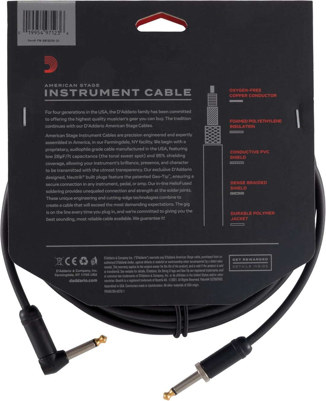 Planet Waves PW-AMSGRA-20 American Stage Instrumentenkabel 6,10m (20 Fuss) schwarz 20 Feet Gerade im