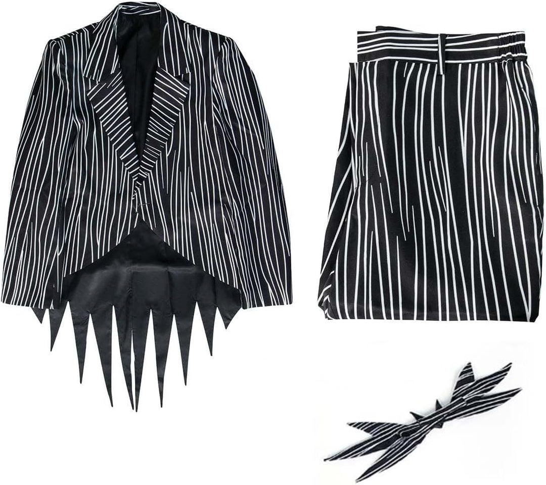 NUWIND Jack Skellington Herren Halloween Cosplay Kostüm Gestreifter Anzug mit Hose Fledermaus Fliege