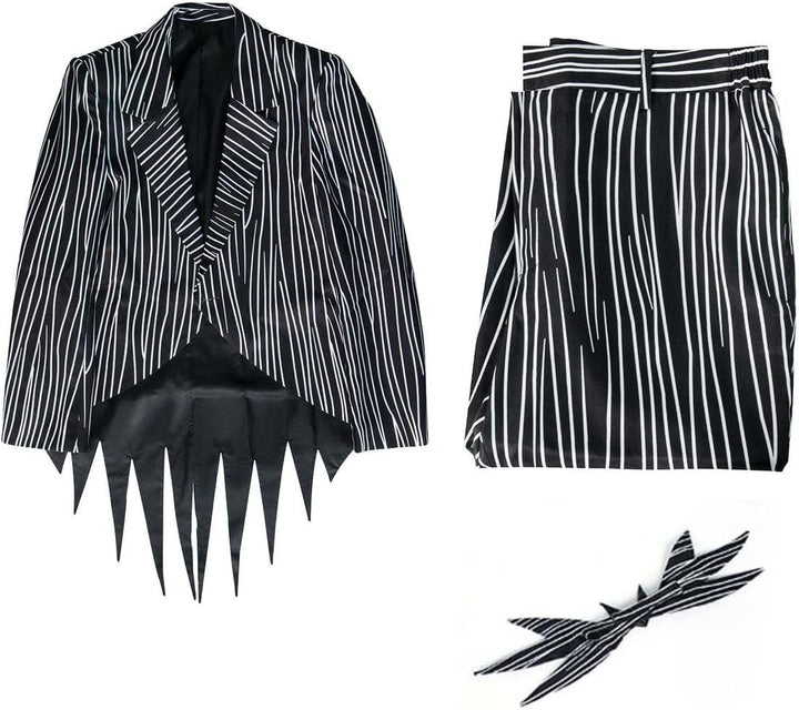 NUWIND Jack Skellington Herren Halloween Cosplay Kostüm Gestreifter Anzug mit Hose Fledermaus Fliege