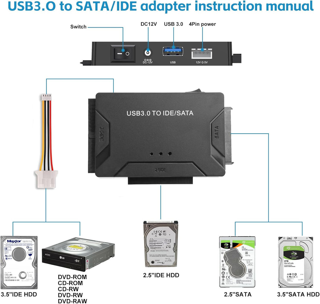 USB IDE oder SATA Adapter, USB 3.0 Festplattenadapter Universal für 2,5/3,5 Zoll SATA HDD/SSD & IDE