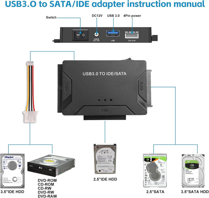 USB IDE oder SATA Adapter, USB 3.0 Festplattenadapter Universal für 2,5/3,5 Zoll SATA HDD/SSD & IDE