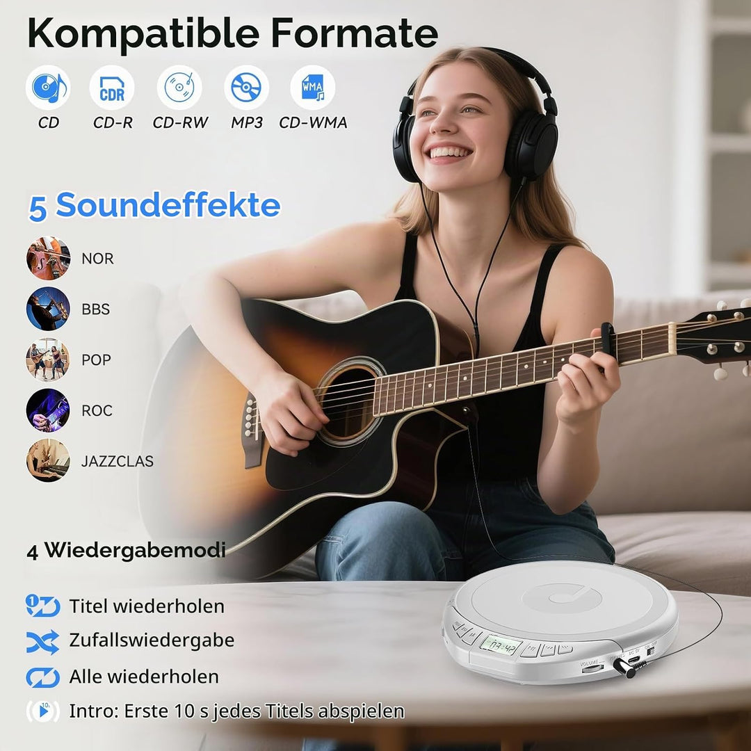 Gueray CD Spieler Tragbarer CD-Player Persönliche CD Players mit Kopfhörer LCD Display Anti-Skip Sch