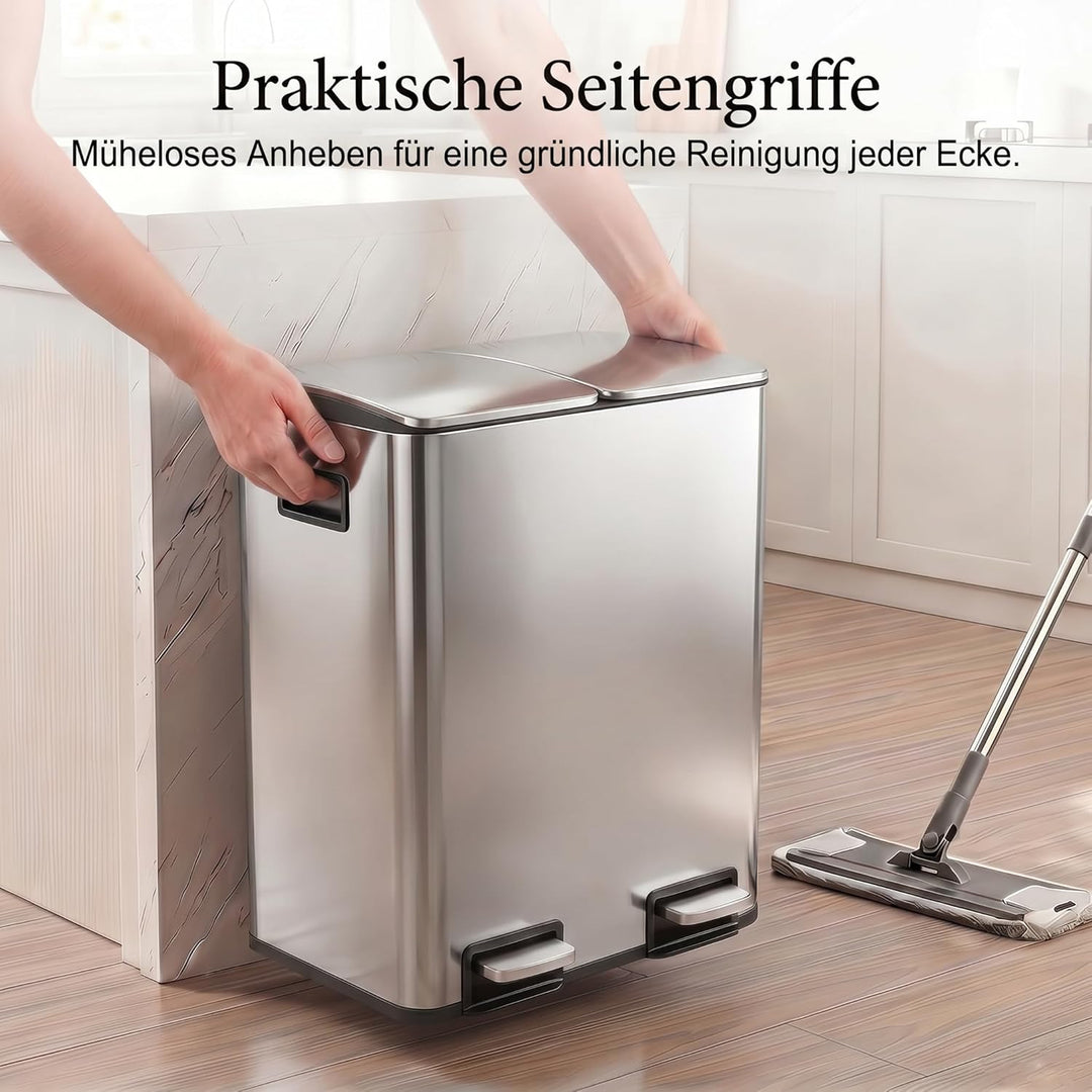 Mülleimer Küche 2 x 24L(48L), Edelstahl Treteimer mit Deckel, Mülltrennsystem 2 Fächer, Abfalleimer