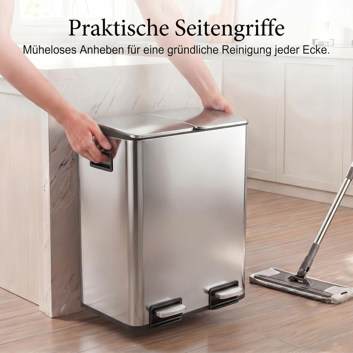 Mülleimer Küche 2 x 24L(48L), Edelstahl Treteimer mit Deckel, Mülltrennsystem 2 Fächer, Abfalleimer