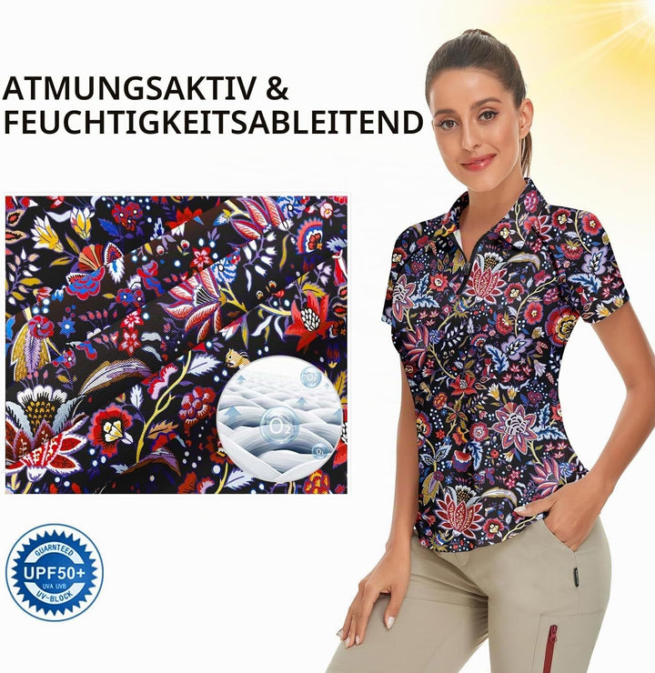 Soneven Poloshirt für Damen Kurzarm Sportshirt Damen mit 1/4 Reissverschluss Sport Tshirts Damen Sch