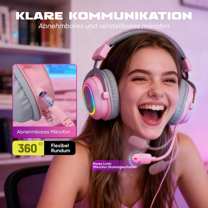 FIFINE Gaming Headset mit Mikrofon, Over Ear Kopfhörer mit Kabel, USB Headset für PC PS4 PS5, RGB He