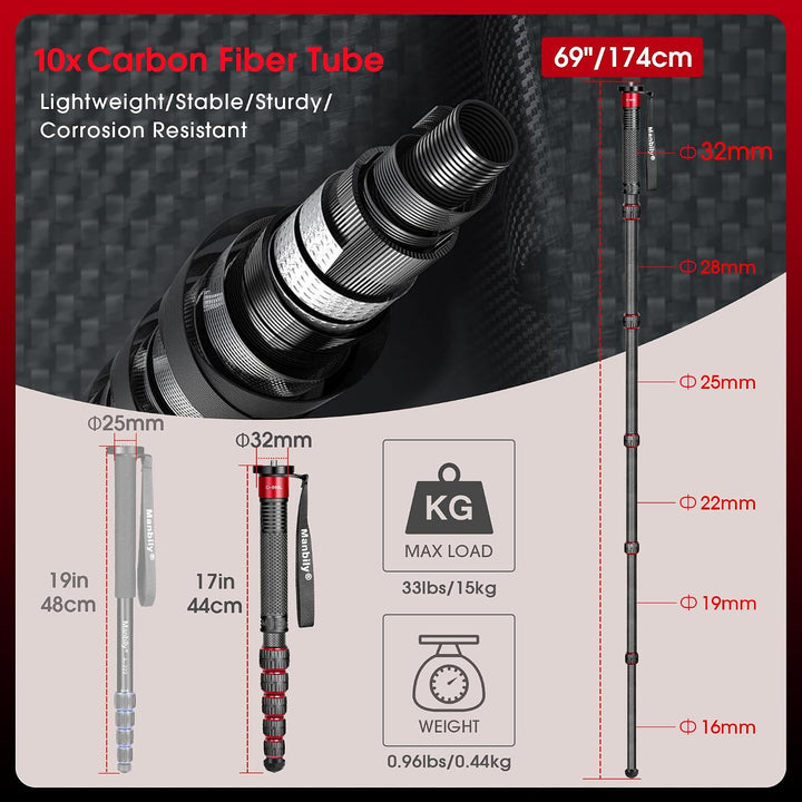 Manbily 32mm Einbeinstativ Carbon für Kameras 44cm-174cm Kohlefaser Monopod Stativ DSLR Reise-Einbei