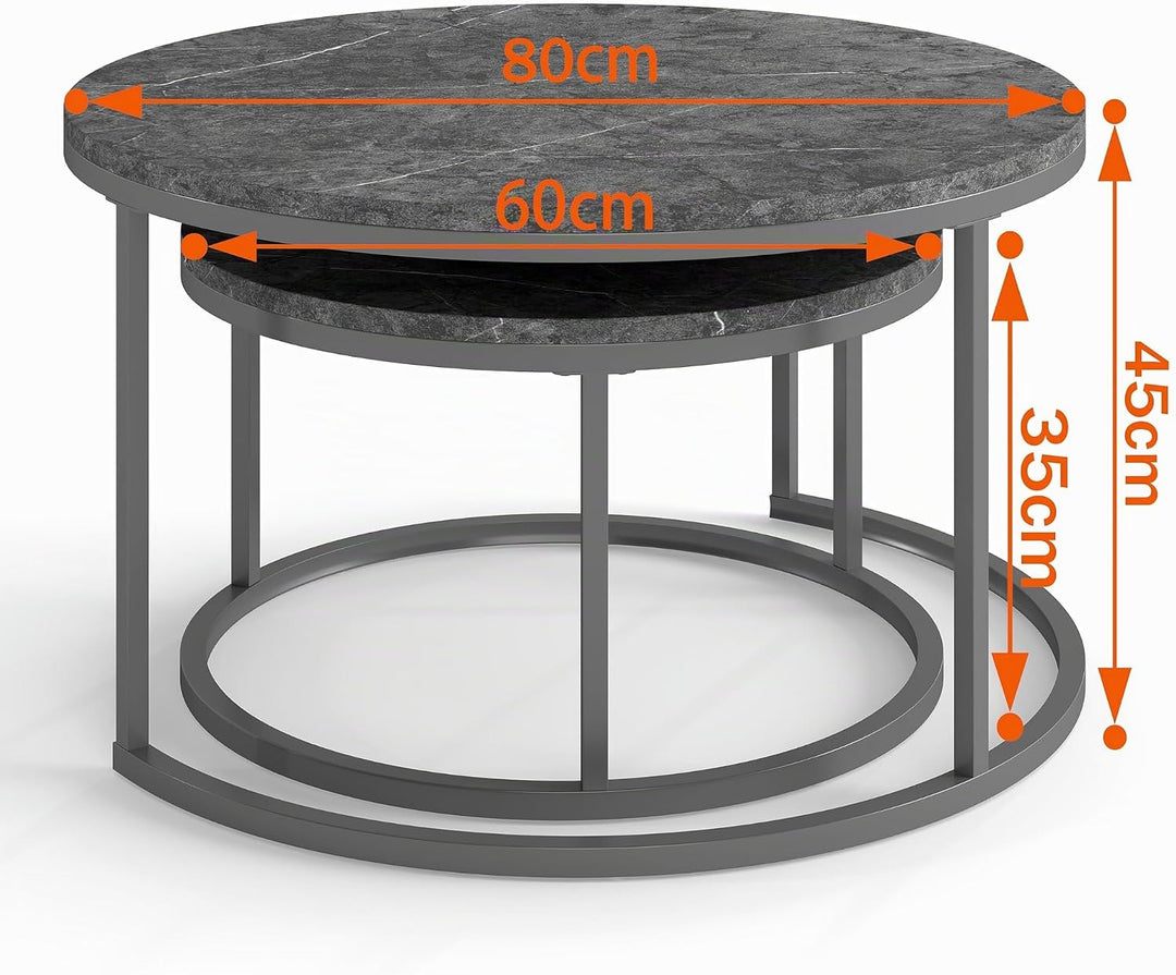 hitsuki Couchtisch Rund 2er Set, Marmor Couchtisch Grau Metallgestell Wohnzimmertisch Grau, Beistell