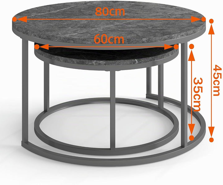 hitsuki Couchtisch Rund 2er Set, Marmor Couchtisch Grau Metallgestell Wohnzimmertisch Grau, Beistell