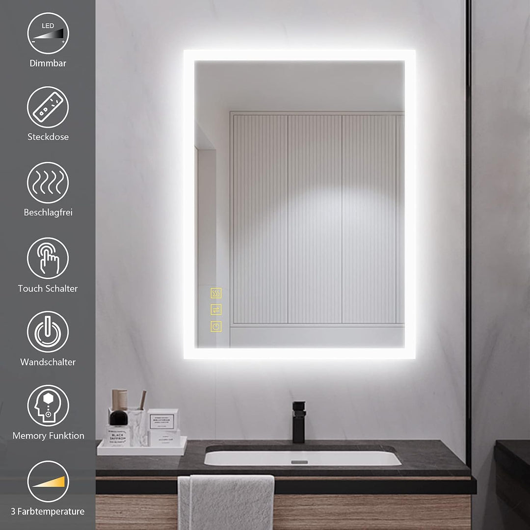 AI-LIGHTING Badspiegel mit Beleuchtung 45×60 cm Badezimmerspiegel mit Licht und Rasiereranschluss/Be