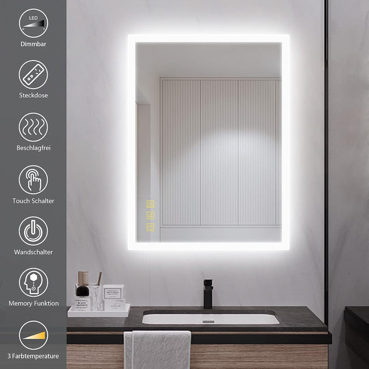 AI-LIGHTING Badspiegel mit Beleuchtung 45×60 cm Badezimmerspiegel mit Licht und Rasiereranschluss/Be