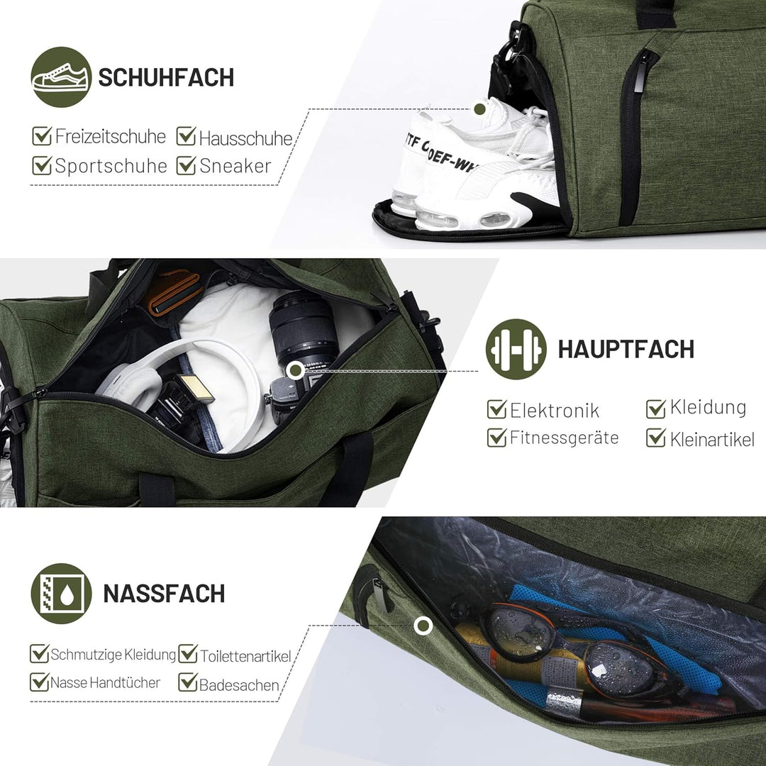 Sporttaschen für Damen und Herren, 25L Reisetasche Duffel Bag Übernachtungstasche mit Schuhfach & Na