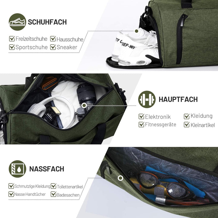 Sporttaschen für Damen und Herren, 25L Reisetasche Duffel Bag Übernachtungstasche mit Schuhfach & Na