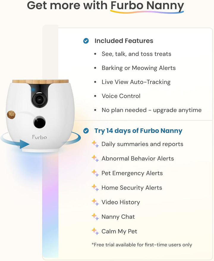 Furbo Mini 360º New Pet Camera: Home Security Camera w/Barking/Meowing Alerts, Rotating Pet Treat Di