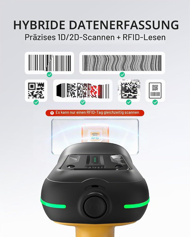 Inateck RFID Barcode Scanner Kabellos, 2D QR Code Scanner Industrial mit Ladestation, IP67 wasserdic