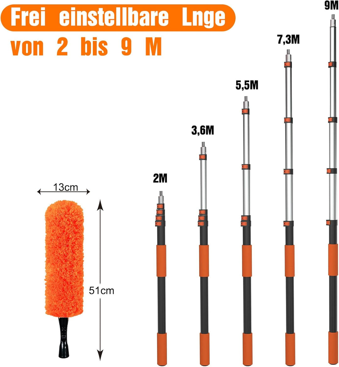 LAANPOLE 9m Staubwedel Teleskop, 6 Stück Spinnwebenbesen mit Teleskopstiel, Profi Fensterputzer Set
