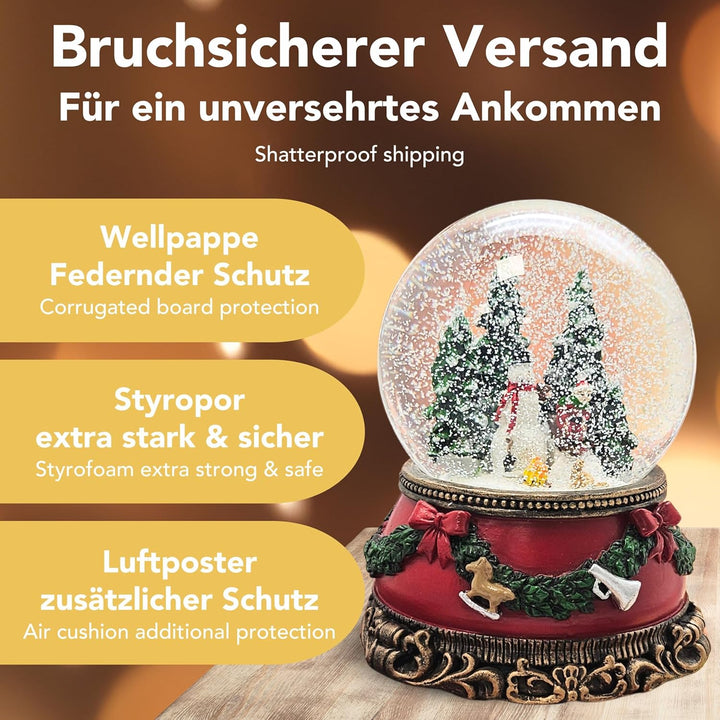 Schneekugel Schneemann Steht Kind auf Schlitten | Sockel Weihnachten rot Tannengirlande | mit Spielu