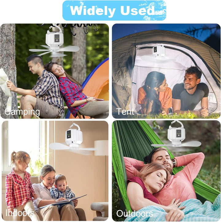 Wastou 5200 mAh Camping-Ventilator, Mini-USB-Ventilator mit LED-Licht & Haken, 3-Geschwindigkeits-De