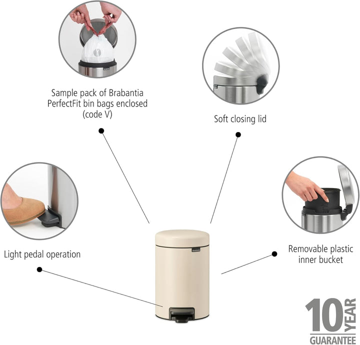 Brabantia - NewIcon Treteimer 3L - Kleiner Abfalleimer für Bad oder Toilette - Sanft Schliessender D