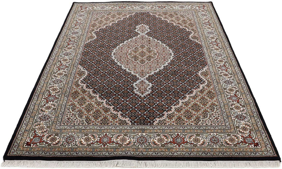 carpetfine Tabriz Mahi Teppich Schwarz 60x90 cm | Handgeknüpfter Teppich für Wohn- und Schlafzimmer