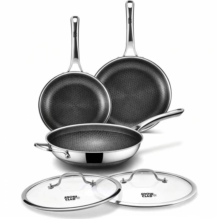 Wokpfanne 30cm &amp; Bratpfannen 24+28cm,Hybrid-Wok und Bratpfannen Set, Antihaft Wabenpfanne mit Deckel