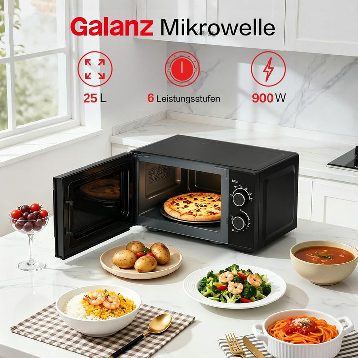 Galanz 25L Mikrowelle Freistehend mit Drehteller:Solo Microwellengerät 900 Watt 6 Leistungsstufen in