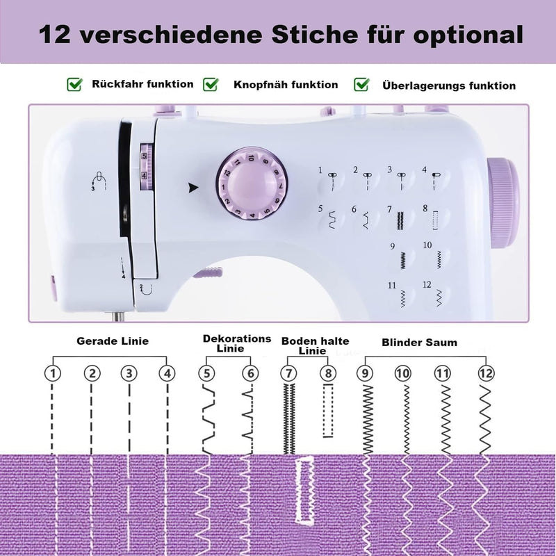 Nähmaschine mit Fusspedal für Anfänger und Kinder, 5-Sprachen-Handbuch, 52 PCS-Zubehör, 12 eingebaut