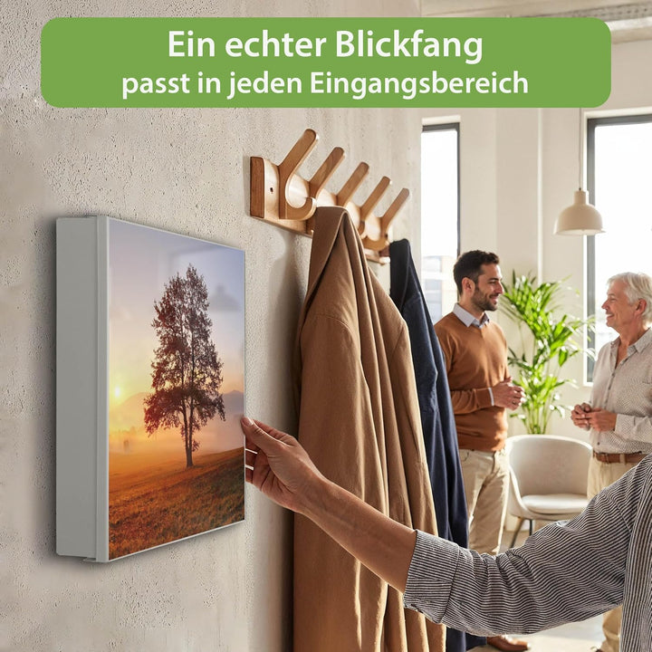 banjado® Grosser Schlüsselkasten Glas/Schlüsselbox 30cm x 30cm mit 50 Haken - Motiv Sonnenaufgang/Sc