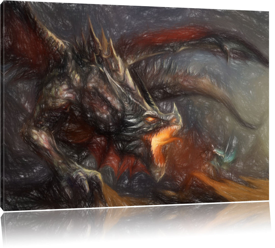 Pixxprint Kampf zwischen Mensch und Drache / 100x70cm Leinwandbild bespannt auf Holzrahmen/Wandbild