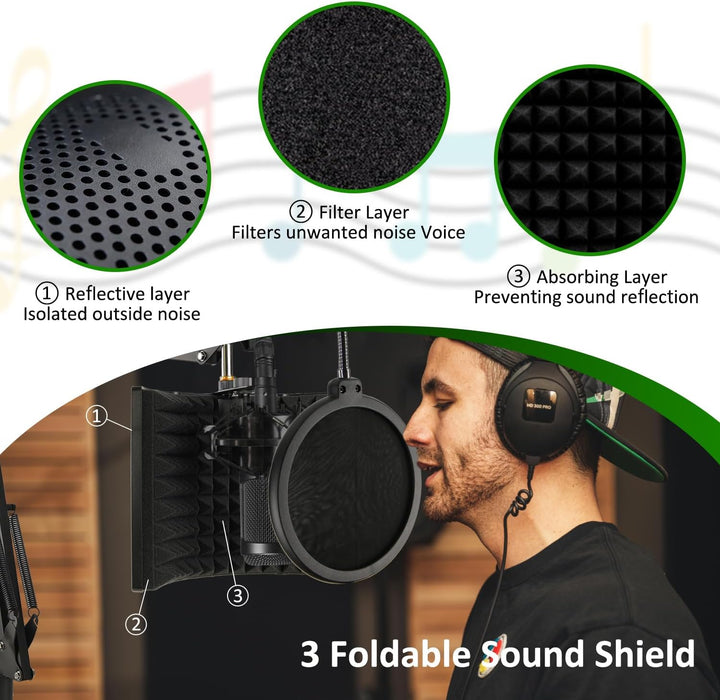 Mikrofon Isolation Schallschutz mit Mikrofonständer & Pop-Filter,Faltbarer Mikrofon Schallschutz für