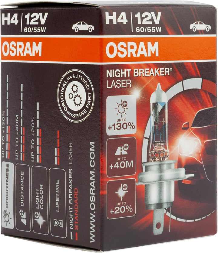 Osram NIGHT BREAKER LASER H4 Halogen, Scheinwerferlampe, 64193NBL, 12V, Faltschachtel, 1 Stück LASER