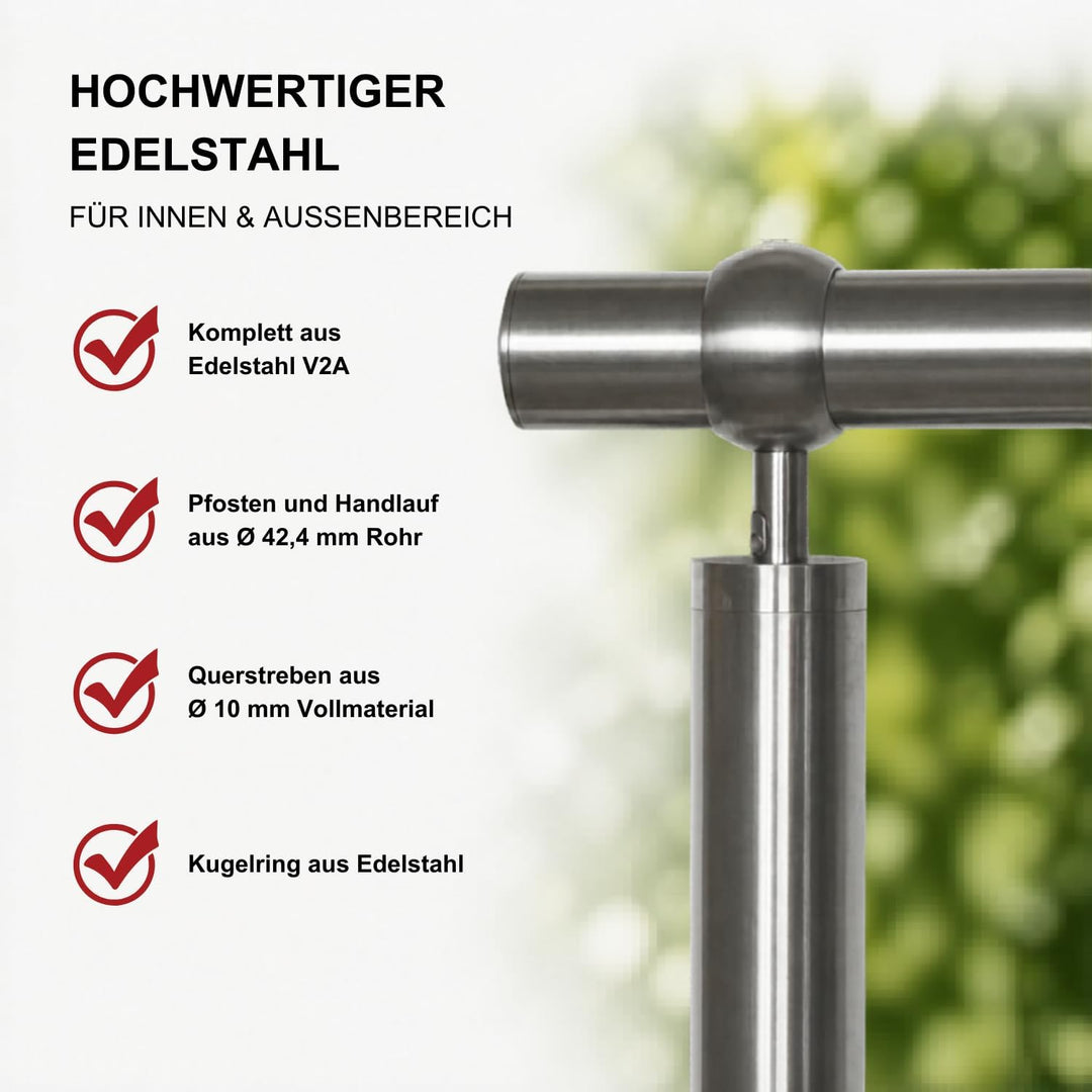 TIBU Edelstahl Geländer V2A für Balkon Terrasse Treppe mit waagerechten Streben, Aufmontage 0,6m-6m