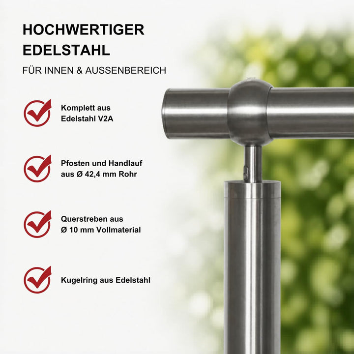 TIBU Edelstahl Geländer V2A für Balkon Terrasse Treppe mit waagerechten Streben, Aufmontage 0,6m-6m
